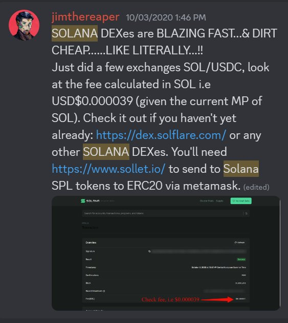 Discord dump jimthereaper Solana DEX fees October 2020