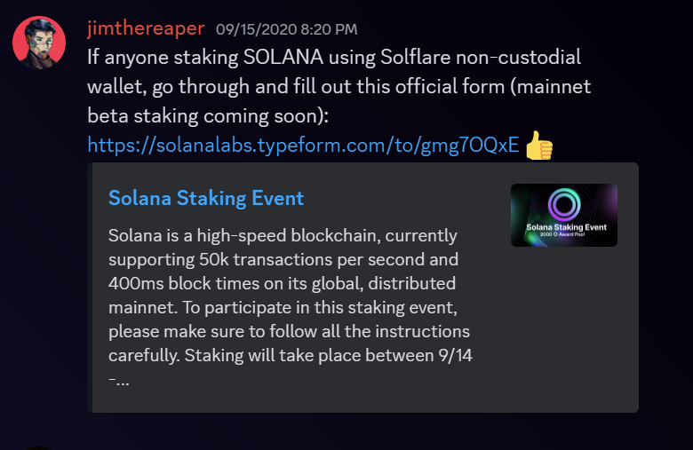 Discord dump Solana staking event Solflare September 2020