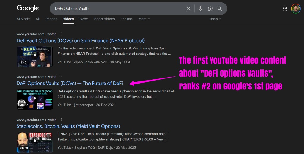 Google search ranking for DeFi Options Vaults YouTube video by jimthereaper